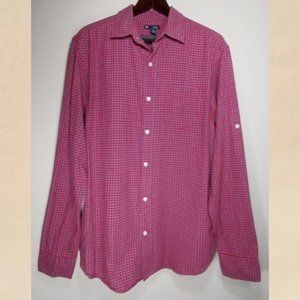 Gap Mens Large Classic Fit Roll Sleeve Red Checked Shirt Hipster Travel Boho Dad